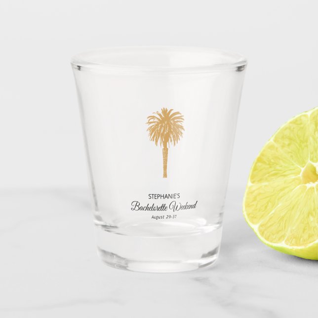 Tropical Beach Gold Palm Destination Bachelorette Shot Glass (Front)