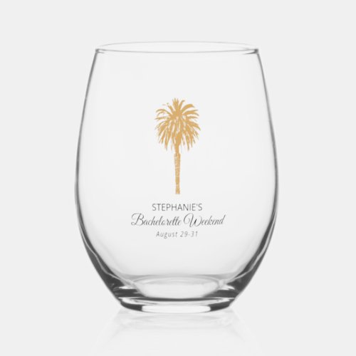 Tropical Beach Gold Palm Destination Bachelorette Stemless Wine Glass