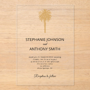 Tropical Beach Gold Palm Tree Destination Wedding Acrylic Invitations