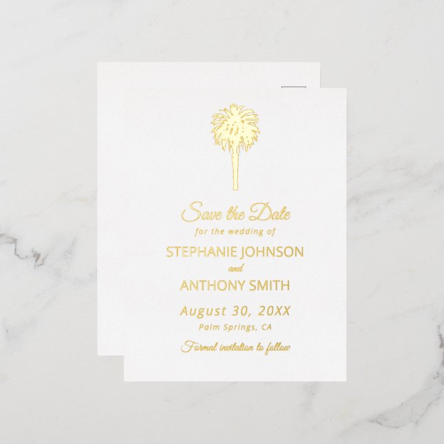 Tropical Beach Gold Palm Tree Destination Wedding Foil Invitation Postcard (Front/Back)