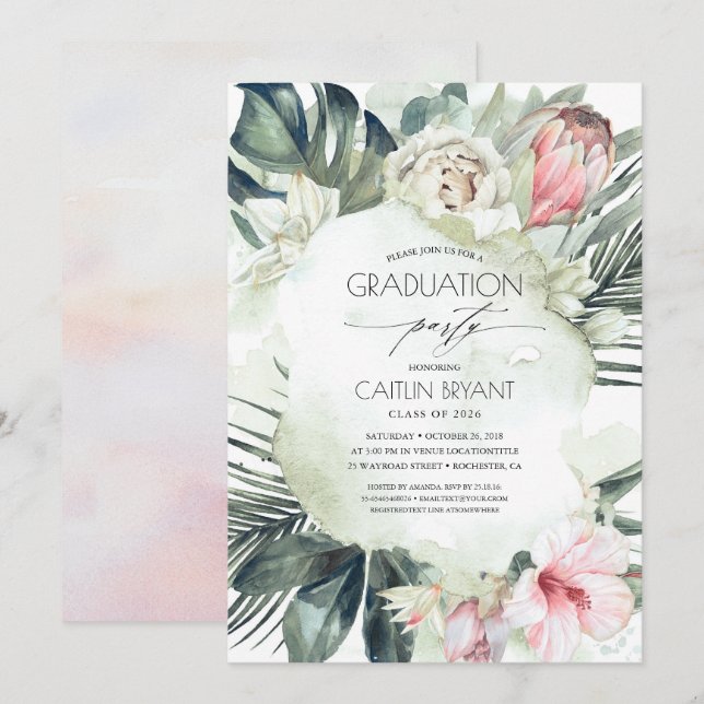 Tropical Beach Greenery and Flowers Graduation Invitation (Front/Back)