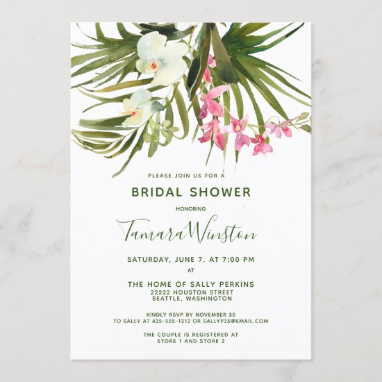 Tropical Beach Greenery Pink Floral Bridal Shower Invitation