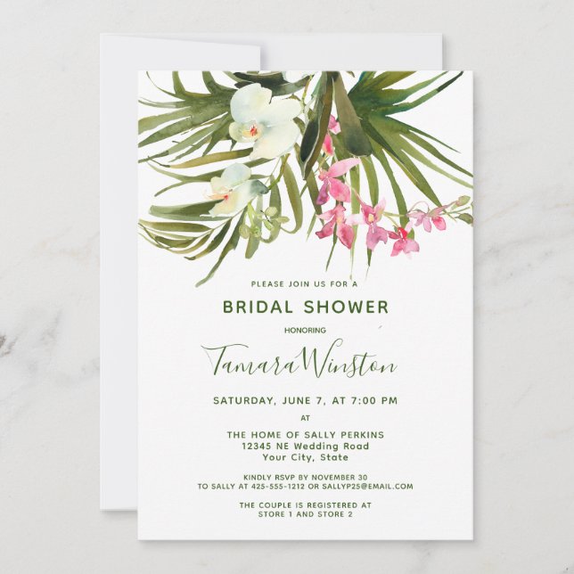 Tropical Beach Greenery Pink Floral Bridal Shower Invitation (Front)