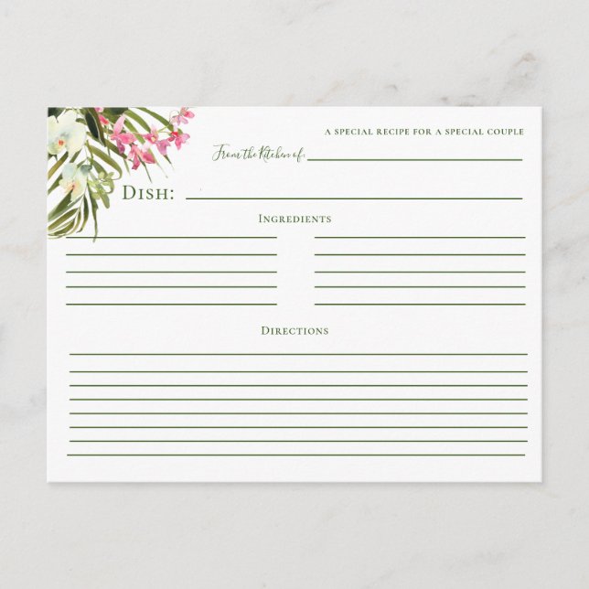 Tropical Beach Greenery Pink Floral Recipe Cards (Front)