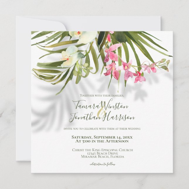 Tropical Beach Greenery Pink Floral Wedding Invitation (Front)