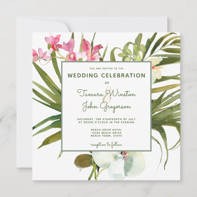 Tropical Beach Greenery Pink Floral White Orchids Invitation (Front)