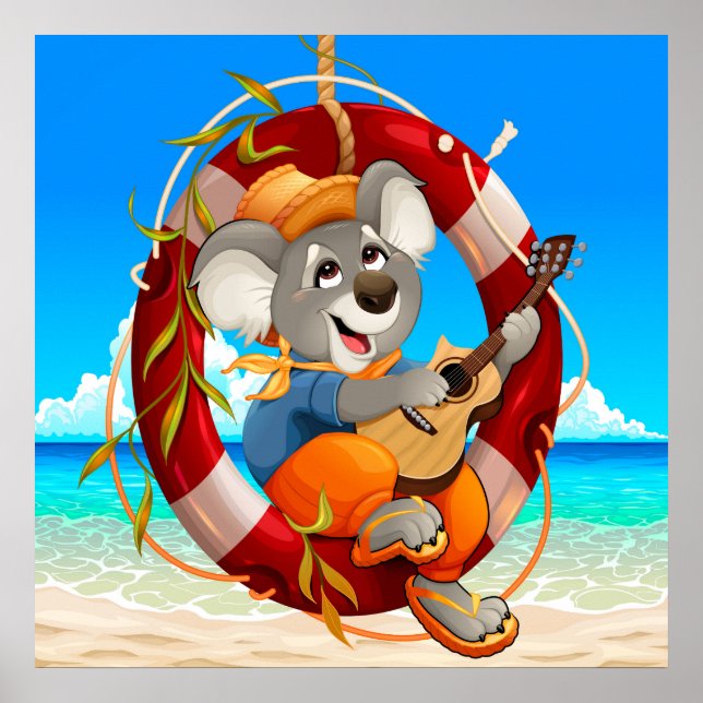 Tropical Beach Guitar Playing Koala Poster (Front)