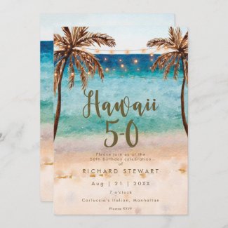 tropical beach hawaii 5 0 50th birthday party invitation