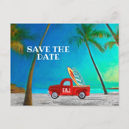 Tropical Beach Hawaii Palm Surfboards Red Truck Postcard