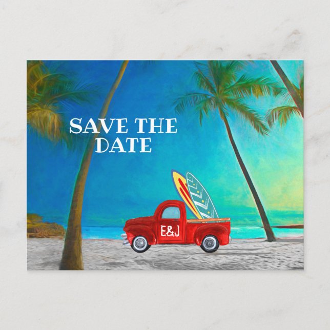 Tropical Beach Hawaii Palm Surfboards Red Truck Postcard (Front)