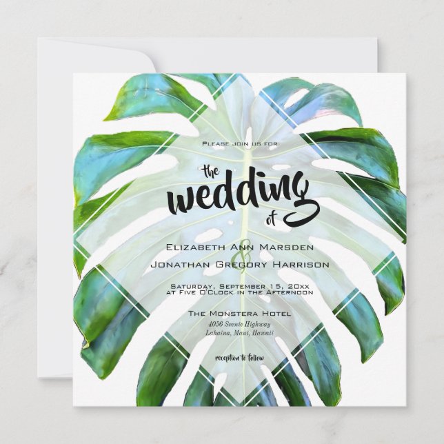 Tropical Beach Hawaii Wedding Monstera Leaf Invitation (Front)