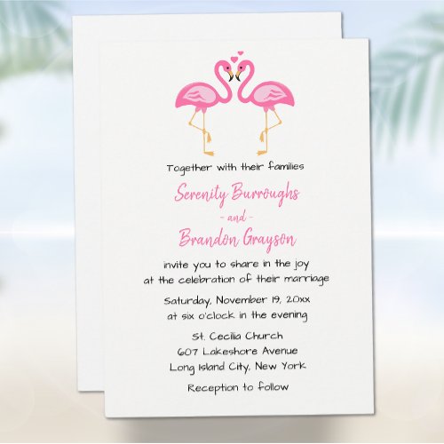 Tropical Beach Hawaiian Pink Flamingo Wedding Invitation