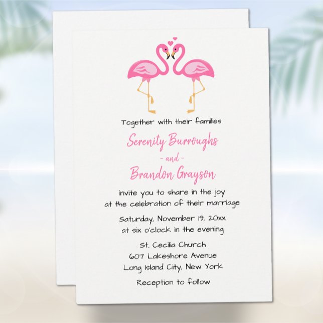Tropical Beach Hawaiian Pink Flamingo Wedding Invitation (Creator Uploaded)