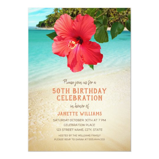 tropical beach hawaiian themed 50th birthday party invitation