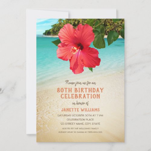 Tropical Beach Hawaiian Themed 80th Birthday Party Invitation
