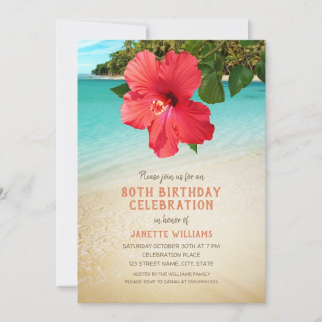 Tropical Beach Hawaiian Themed 80th Birthday Party Invitation (Front)