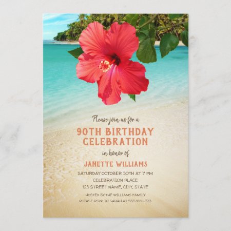 Tropical Beach Hawaiian Themed 90th Birthday Party Invitation