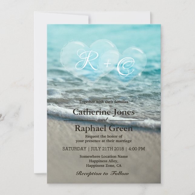 Tropical Beach Heart Bubble Wedding Invitation (Front)