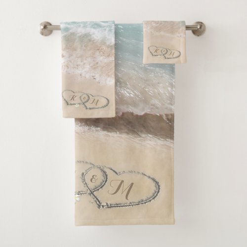 Tropical Beach Heart Shore Monogram Bath Towel Set - Beach themed beach towel featuring a summer vintage sandy beach with two hearts in the shoreline, and your initials. Click on the “Customize it” button for further personalization of this template. You will be able to modify all text, including the style, colors, and sizes. You will find matching items further down the page, if however you can't find what you looking for please contact me.