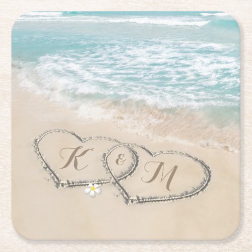 Tropical Beach Heart Shore Monogram Square Paper Coaster