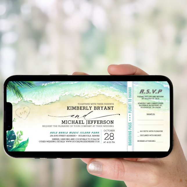 Tropical Beach Heart Shore Wedding Boarding Pass Invitation (Front Digital)