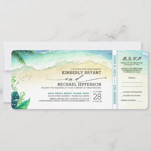 Tropical Beach Heart Shore Wedding Boarding Pass