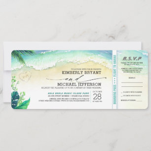 Tropical Beach Heart Shore Wedding Boarding Pass Invitation