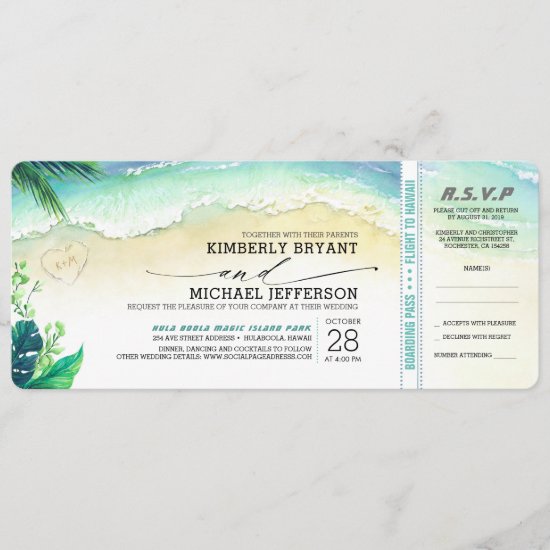 Tropical Beach Heart Shore Wedding Boarding Pass Invitation