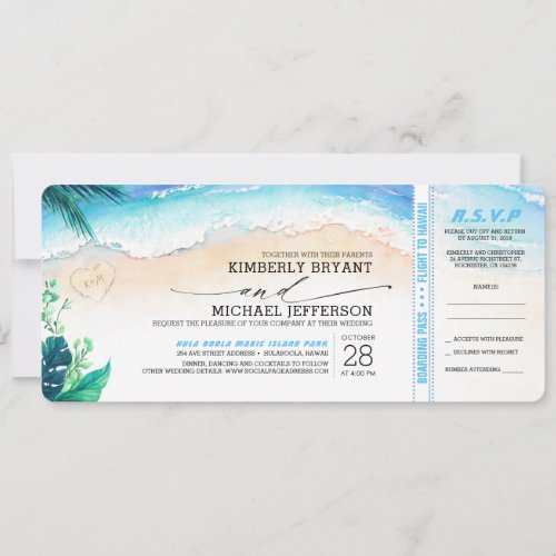 Tropical Beach Heart Shore Wedding Boarding Pass