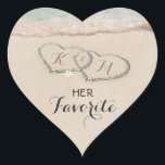Tropical Beach Heart Shore Wedding | Her Favorite Heart Sticker<br><div class="desc">Beach destination wedding "her favorite" stickers featuring a summer tropical beach island background, a vintage sandy beach with two hearts in the shoreline, your initials and a editable text template. Click on the “Customize it” button for further personalization of this template. You will be able to modify all text, including...</div>