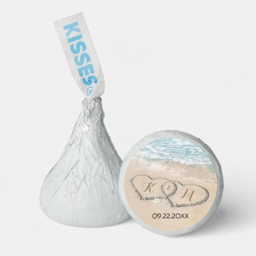 Tropical Beach Heart Shore Wedding Hershey®'s Kisses® - Beach destination wedding Hershey®'s Kisses® featuring a summer tropical beach island background, a vintage sandy beach with two hearts in the shoreline, and your wedding date.