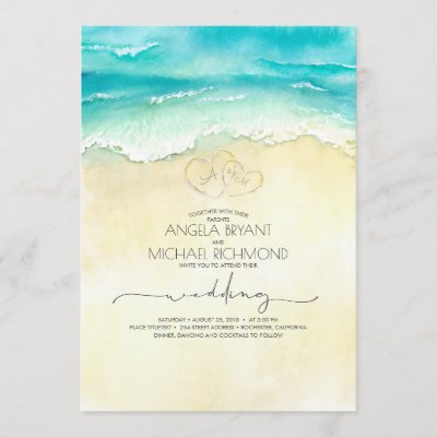 Tropical Beach Heart Watercolor Shore Wedding Invitation