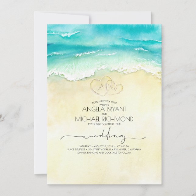 Tropical Beach Heart Watercolor Shore Wedding Invitation (Front)