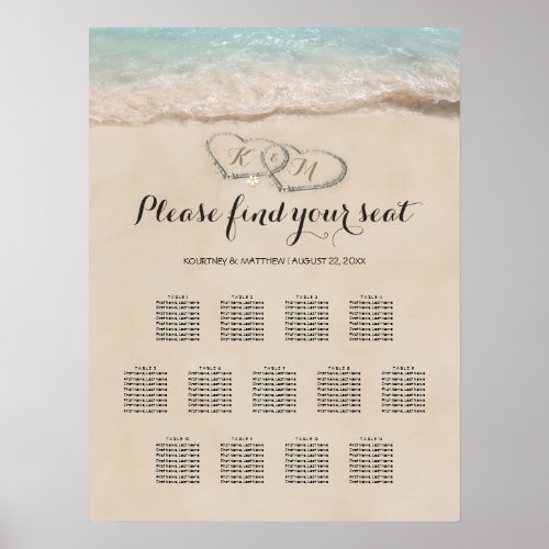 Tropical Beach Heart Wedding 13 Seating Chart - Beach destination wedding table plan featuring a summer tropical beach island background, a vintage sandy beach with two hearts in the shoreline, your initials, and a modern wedding seating chart template of 13 tables.