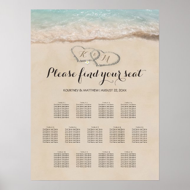Tropical Beach Heart Wedding 13 Seating Chart (Front)