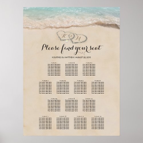 Tropical Beach Heart Wedding 14 Seating Chart - Beach destination wedding table plan featuring a summer tropical beach island background, a vintage sandy beach with two hearts in the shoreline, your initials, and a modern wedding seating chart template of 14 tables.