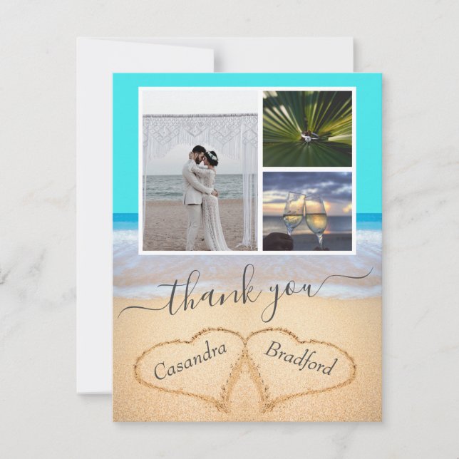 Tropical Beach Hearts in Sand Wedding Thank you (Front)