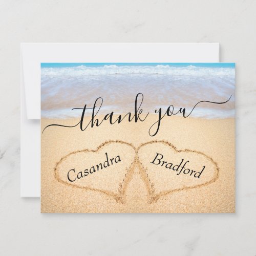 Tropical Beach Hearts in Sand Wedding Thank You Card