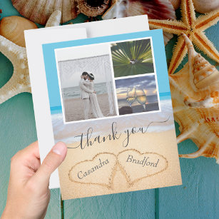 Tropical Beach Hearts in Sand Wedding Thank you Postcard