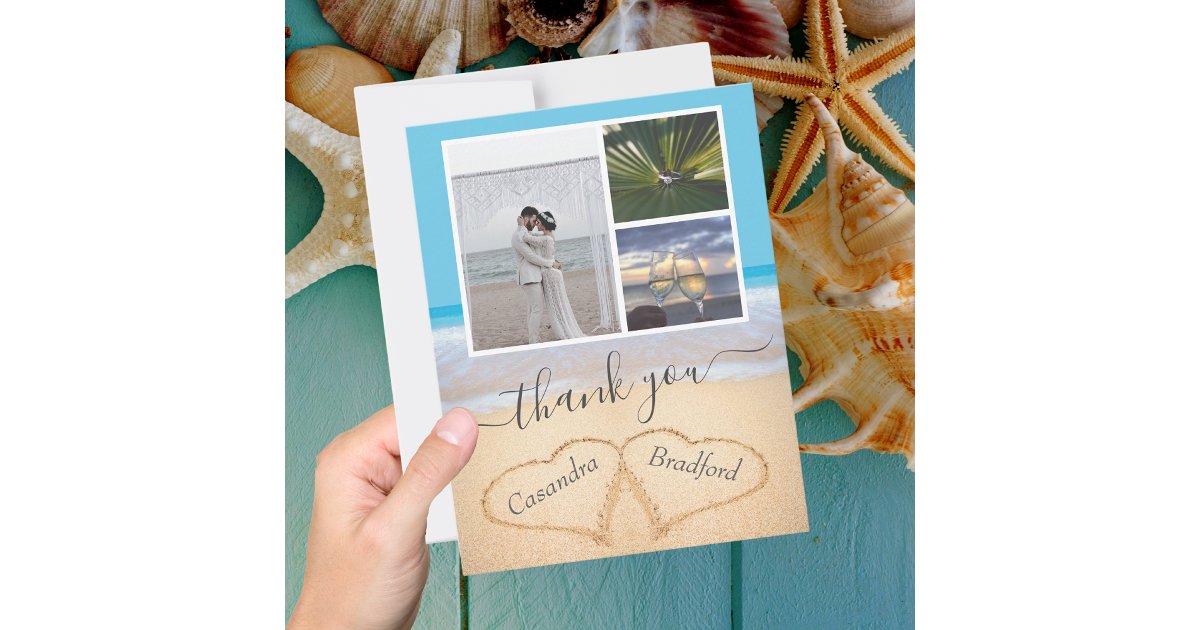 Tropical Beach Hearts in Sand Wedding Thank you Postcard | Zazzle