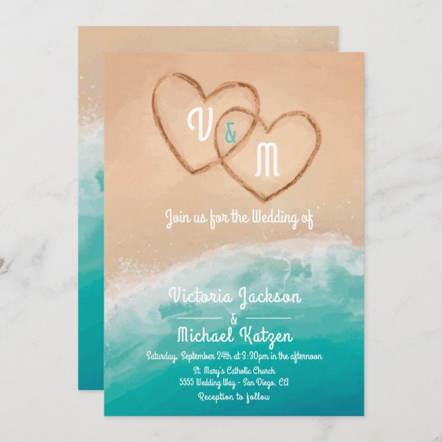 Tropical Beach Hearts in the Sand Wedding Invitation (Front/Back)