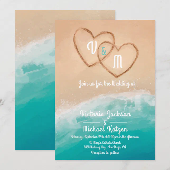 Tropical Beach Hearts in the Sand Wedding Invitation | Zazzle