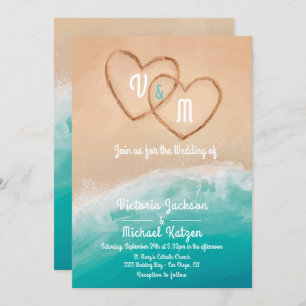 Tropical Beach Hearts in the Sand Wedding Invitation