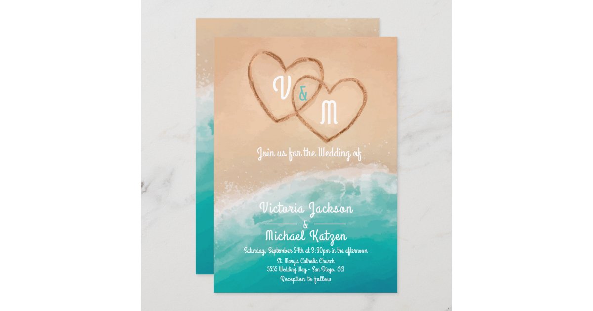 Tropical Beach Hearts In The Sand Wedding Invitation Zazzle Com