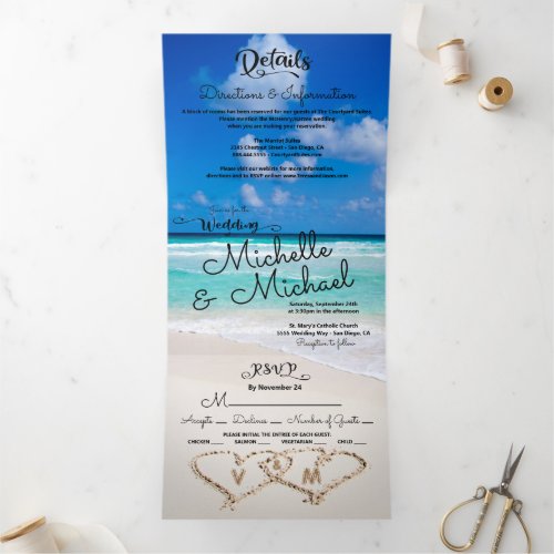 Tropical Beach Hearts Ocean surf Wedding Tri_Fold Invitation