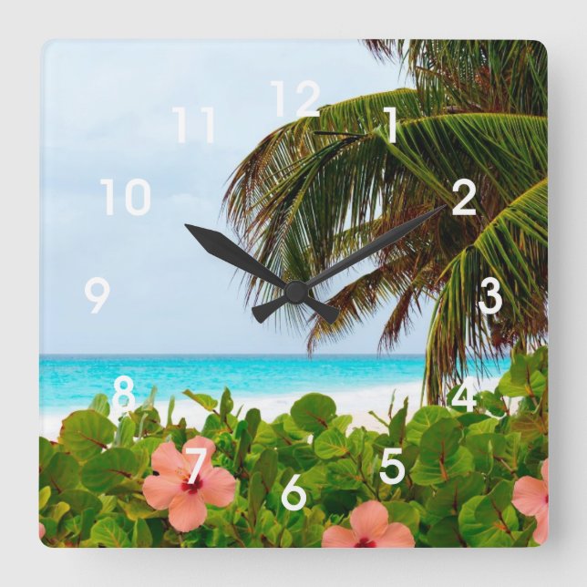 Tropical Beach Hibiscus Palm Tree Wall Clock (Front)