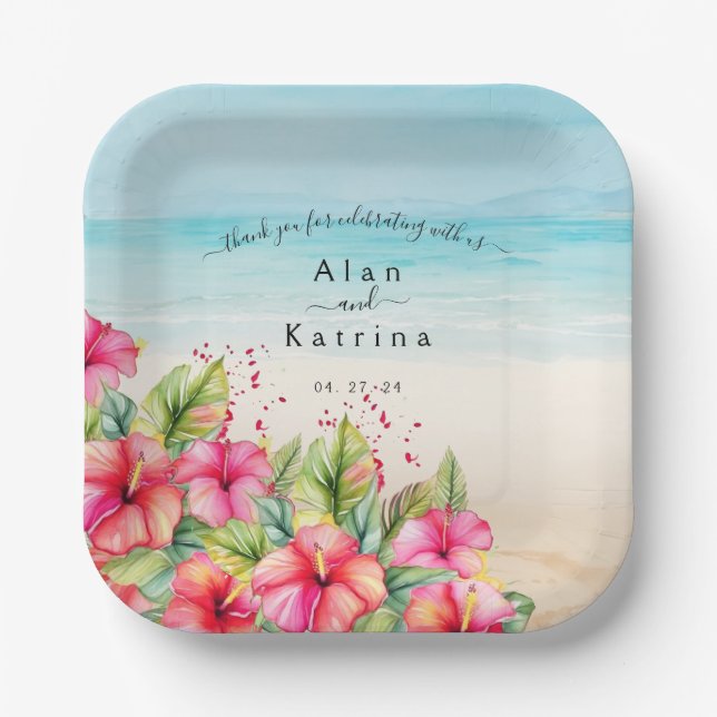  Tropical Beach Hibiscus Paper Plate (Front)