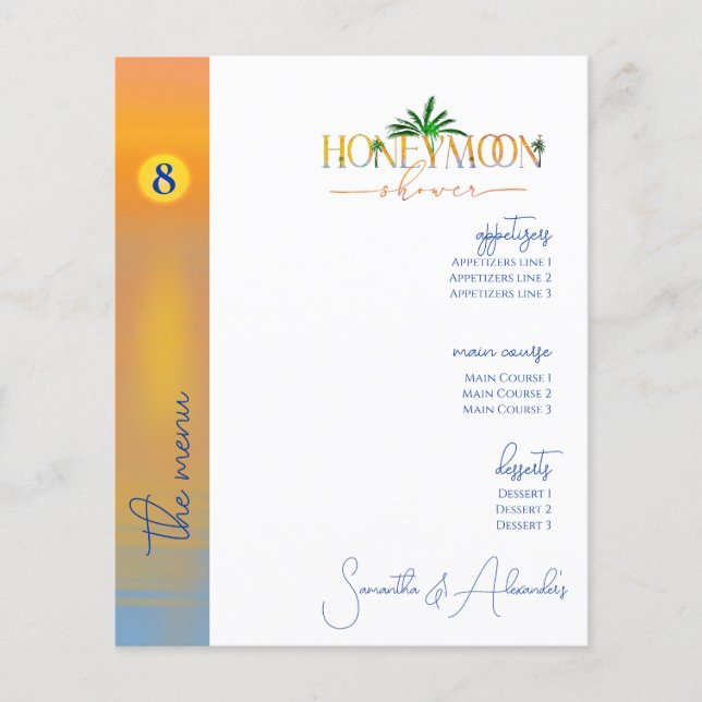 Tropical Beach Honeymoon Fund Couple Shower Menu (Front)