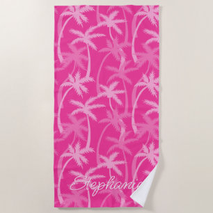 Tropical Beach Hot Pink Palm Tree Monogrammed Towel