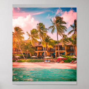 Tropical Beach Hotel with Coconut Trees Poster